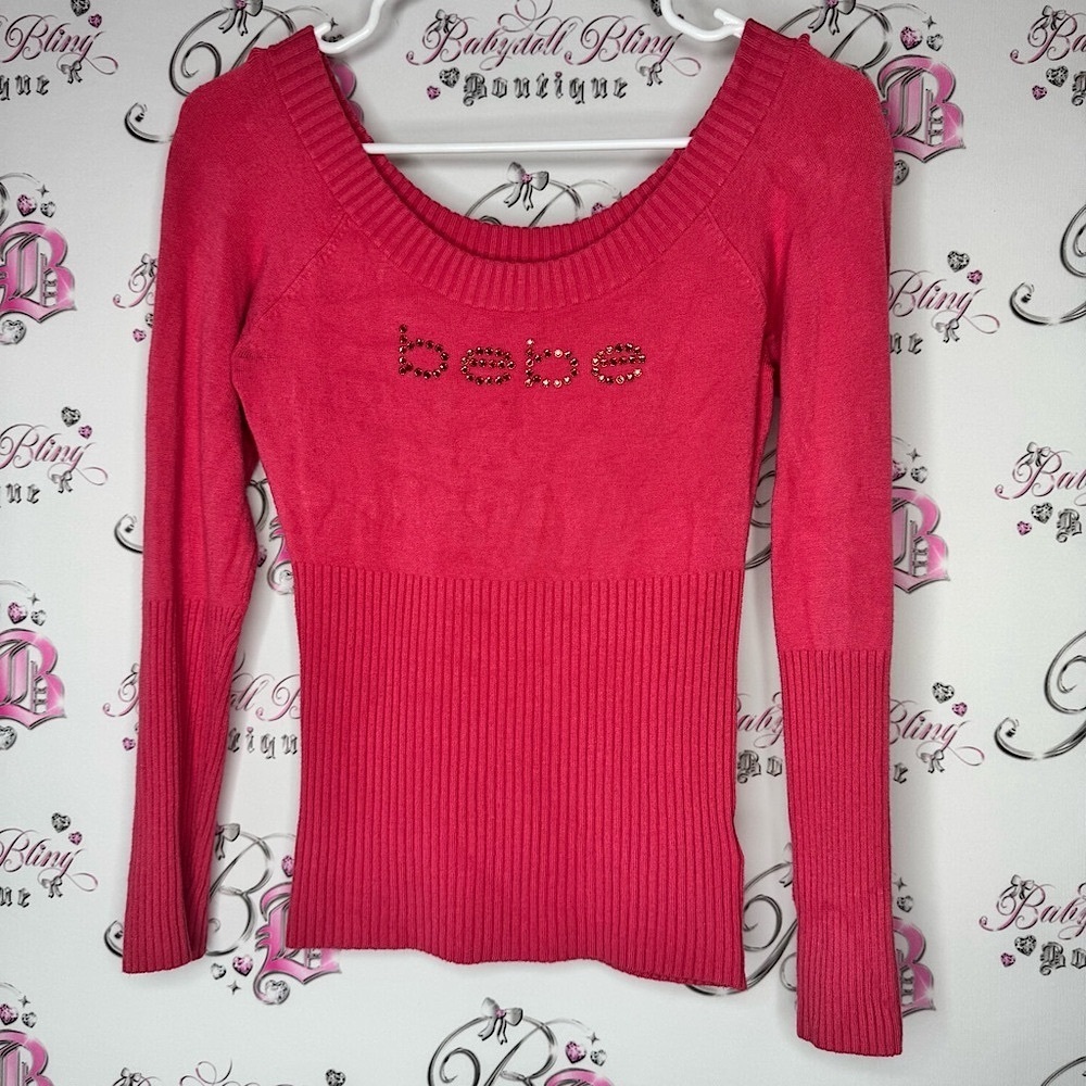 Bebe Pink Sweater Swarovski crystals bling diamonds  stretchy y2k rare vintage
